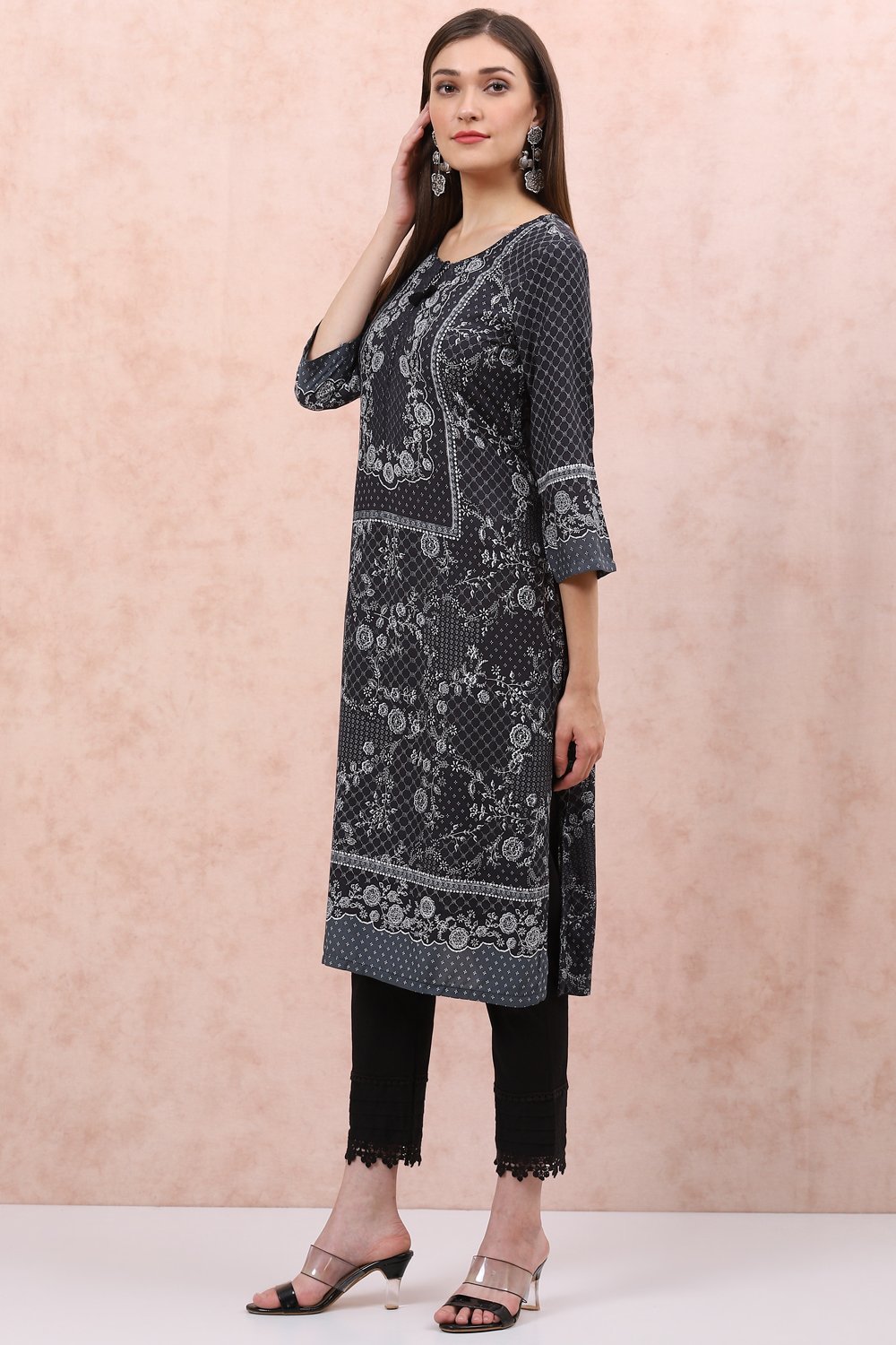 Black LIVA Straight Kurta image number 2