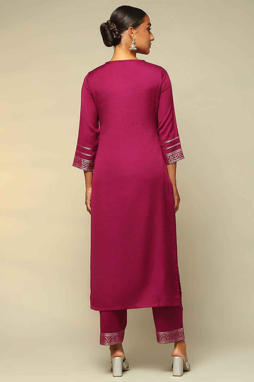 Mustard Acrylic Straight Yarn Dyed Kurta Palazzo Suit Set image number 4