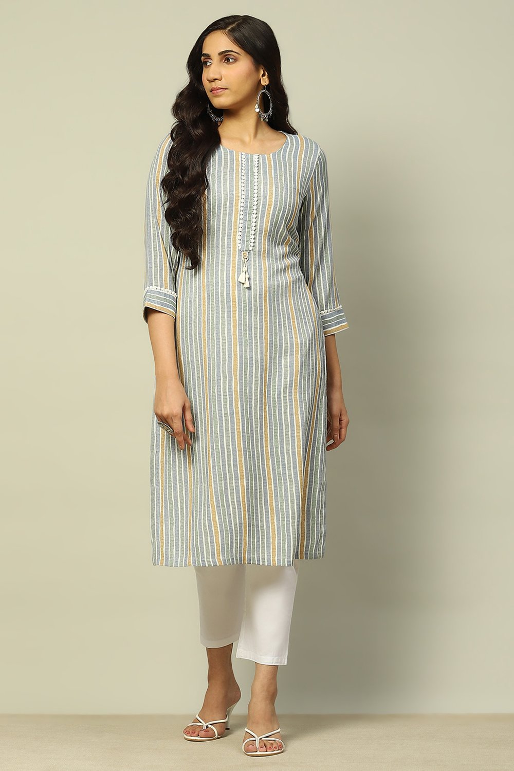 Grey Viscose Blend Striped Straight Kurta image number 5