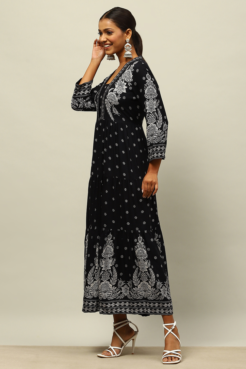 Black Rayon Printed Tiered Dress image number 2