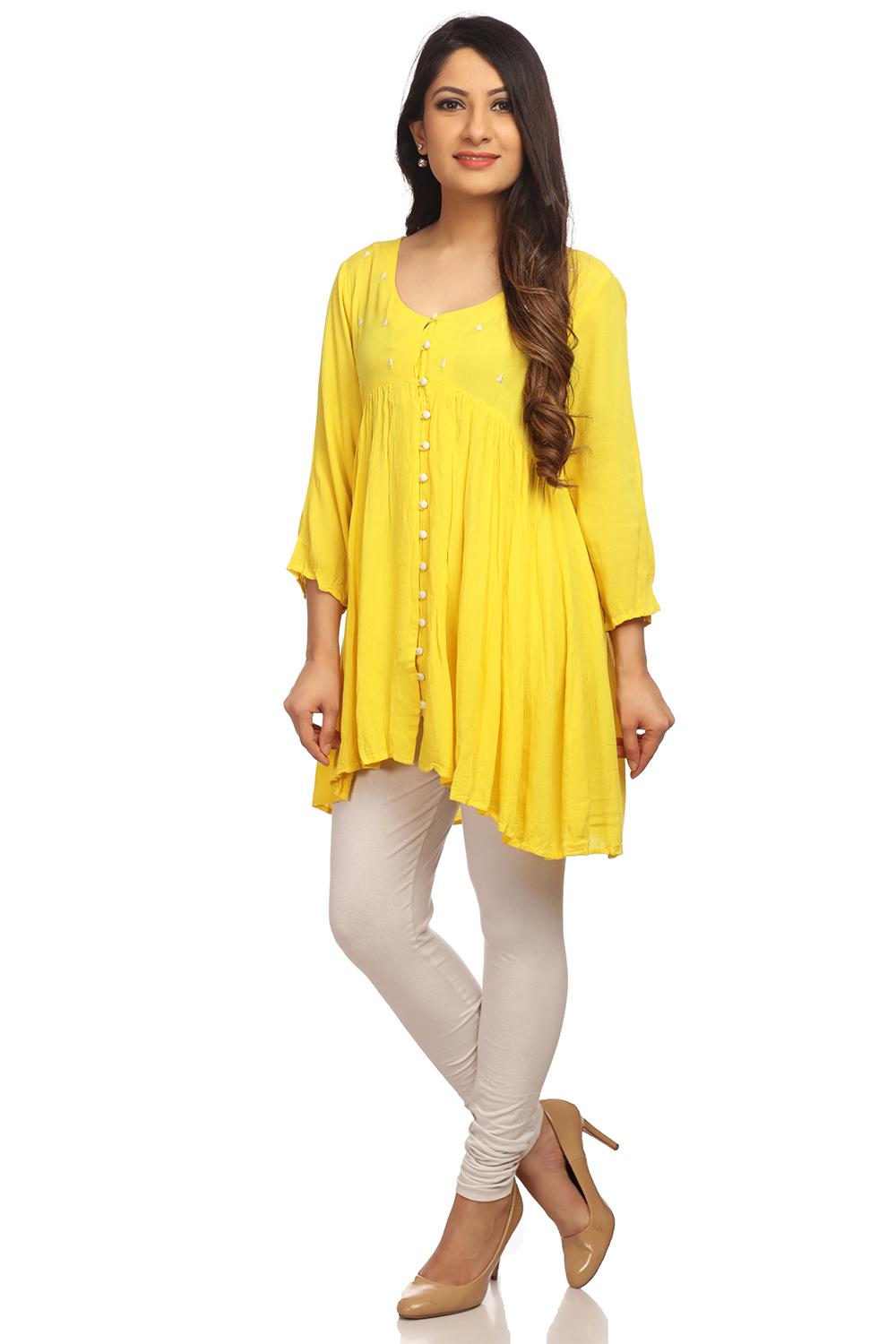 Yellow Flared Viscose Rayon Indie Top image number 3