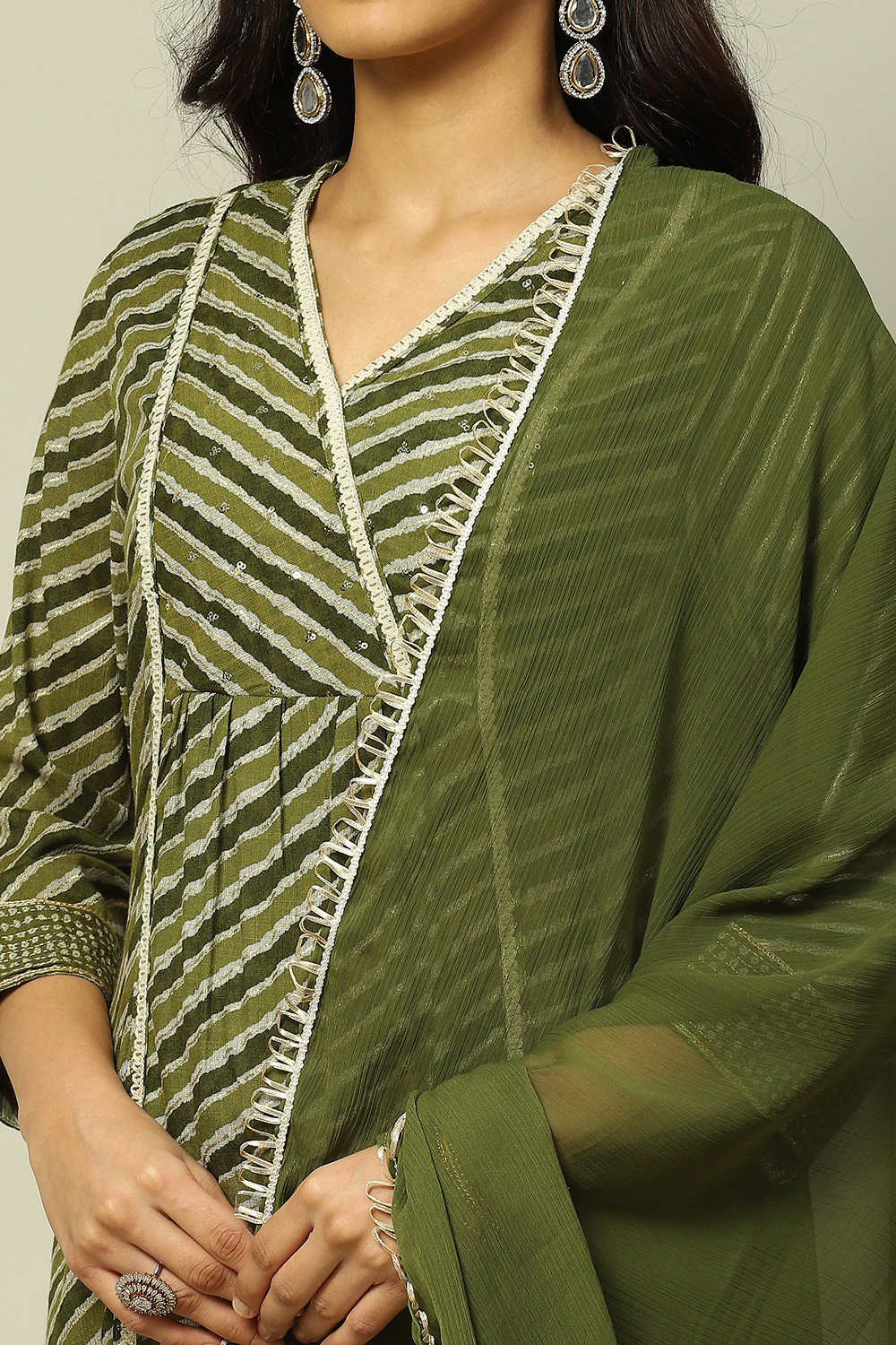 Olive Green Viscose Blend A-Line Printed Kurta Palazzo Suit Set image number 1