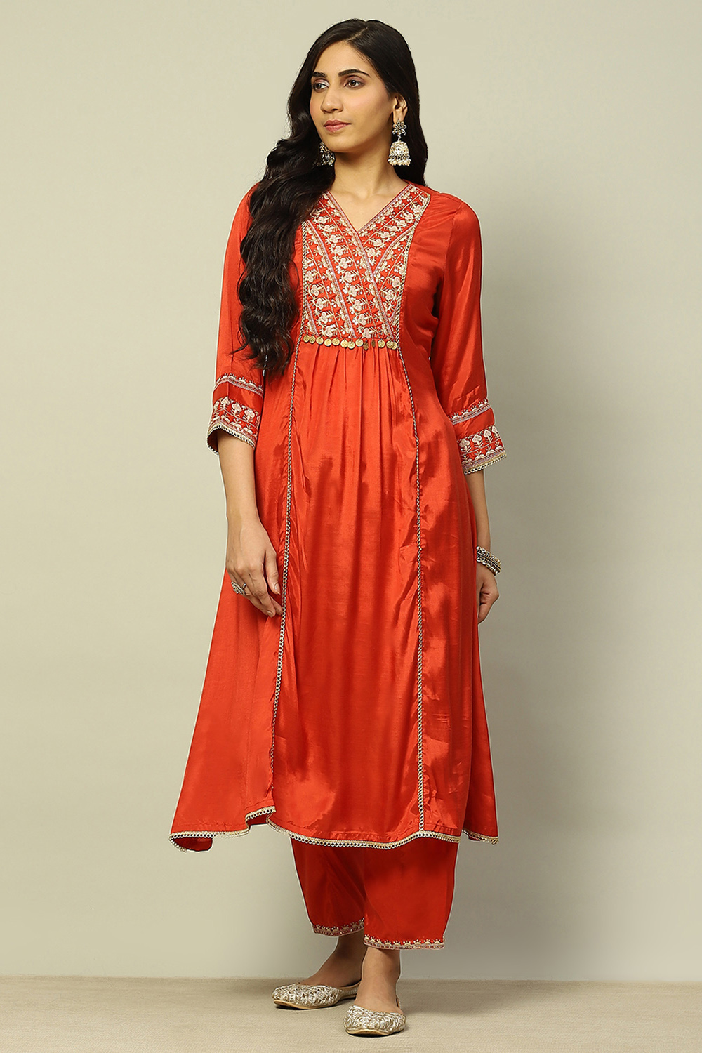 Rust Viscose Shantoon Embroidered A-line Kurta image number 5