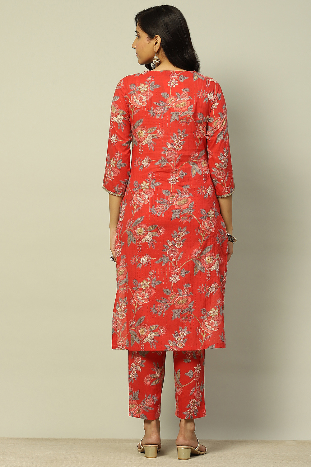 Green Cotton Lurex Floral Printed Straight Suit Set image number 4