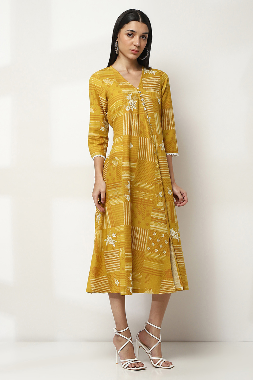 Yellow Cotton Flared Dress image number 4