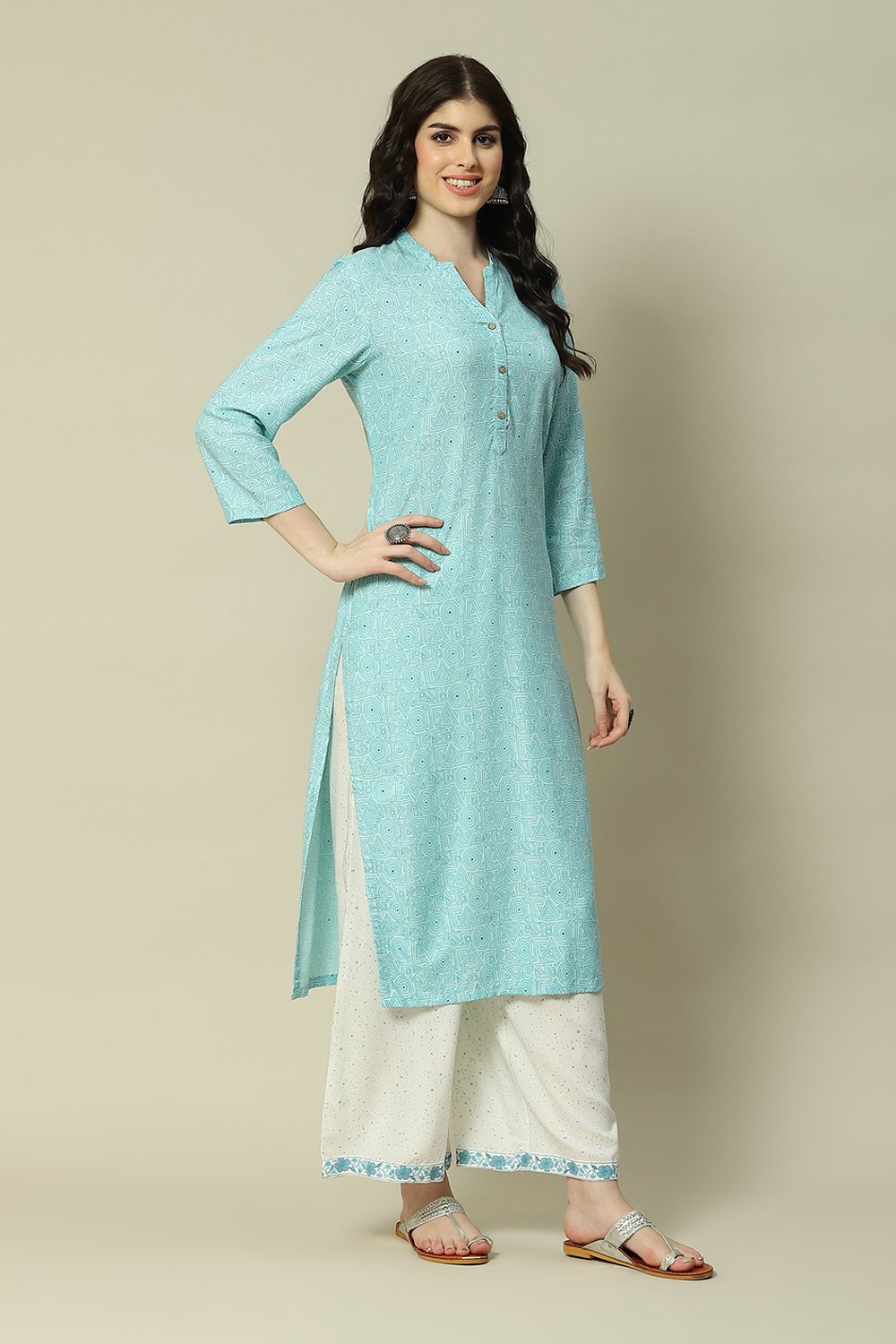 Sky Blue LIVA Straight Printed Kurta image number 5