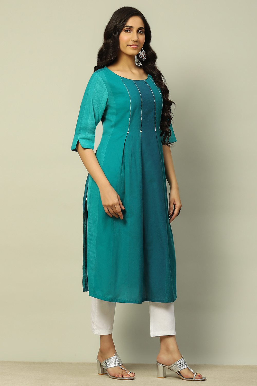 Blue Cotton Printed Flared Kurta image number 4