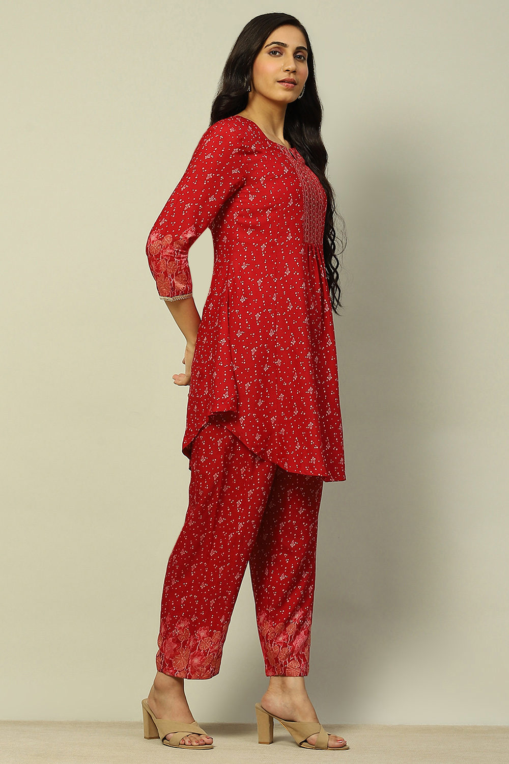 Red Viscose Blend Printed Festive Co-ord Set image number 5