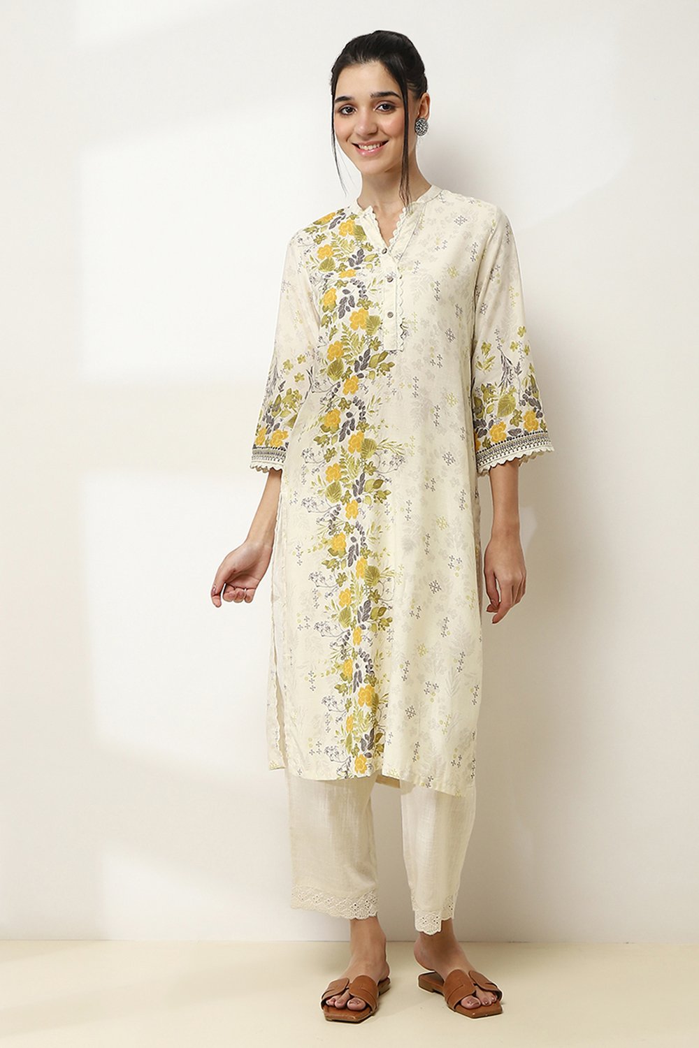 Light Green Floral Printed Straight Kurta image number 5