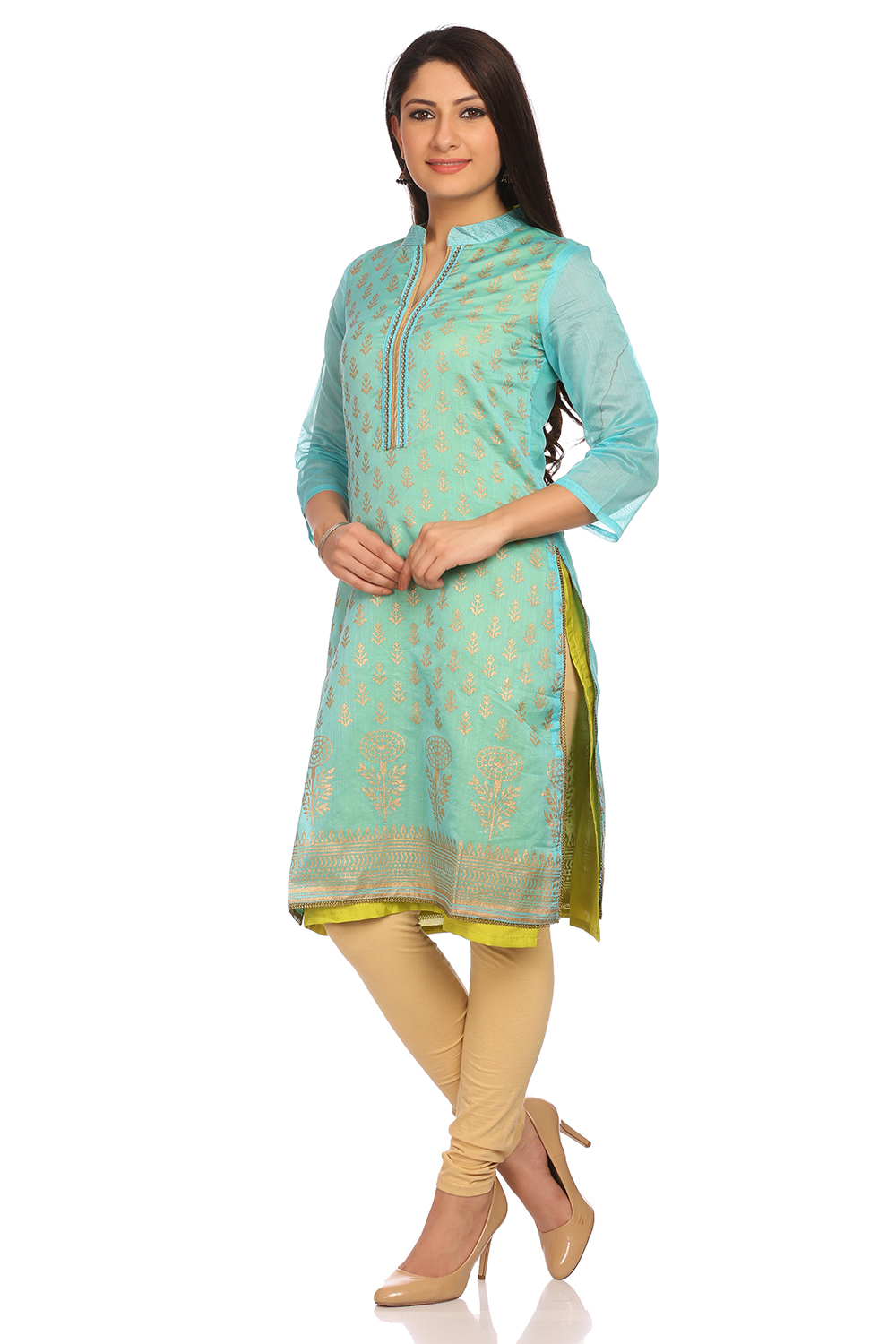 Turquoise Cotton Printed Kurta image number 2