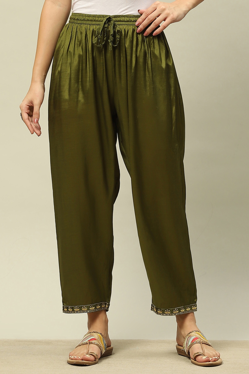 Green Viscose Shantoon Straight Palazzos image number 4