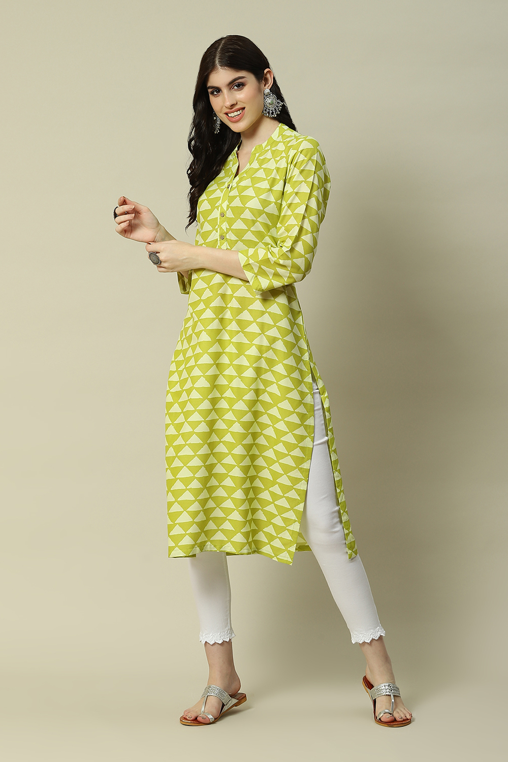 Lime Green LIVA Straight Printed Kurta image number 0