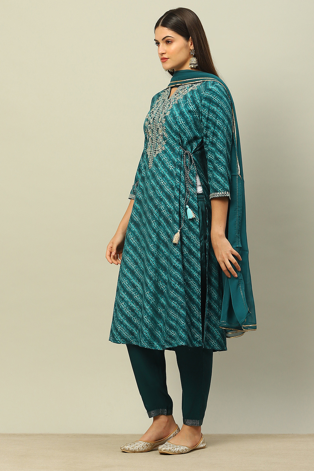 Teal Blue Viscose Muslin A-Line Printed Kurta Salwar Pants Suit Set image number 3