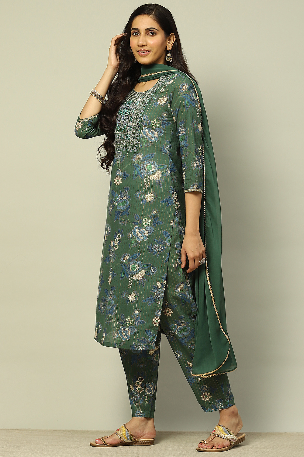 Green Cotton Lurex Floral Printed Straight Suit Set image number 3