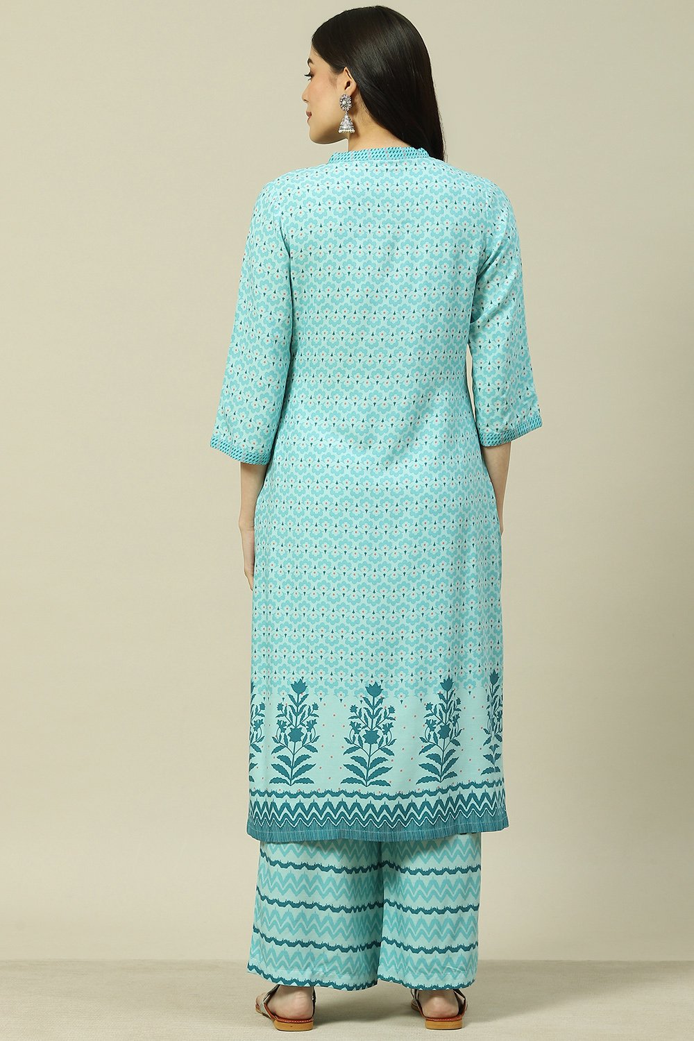 Blue LIVA Straight Kurta Palazzo Suit Set image number 4