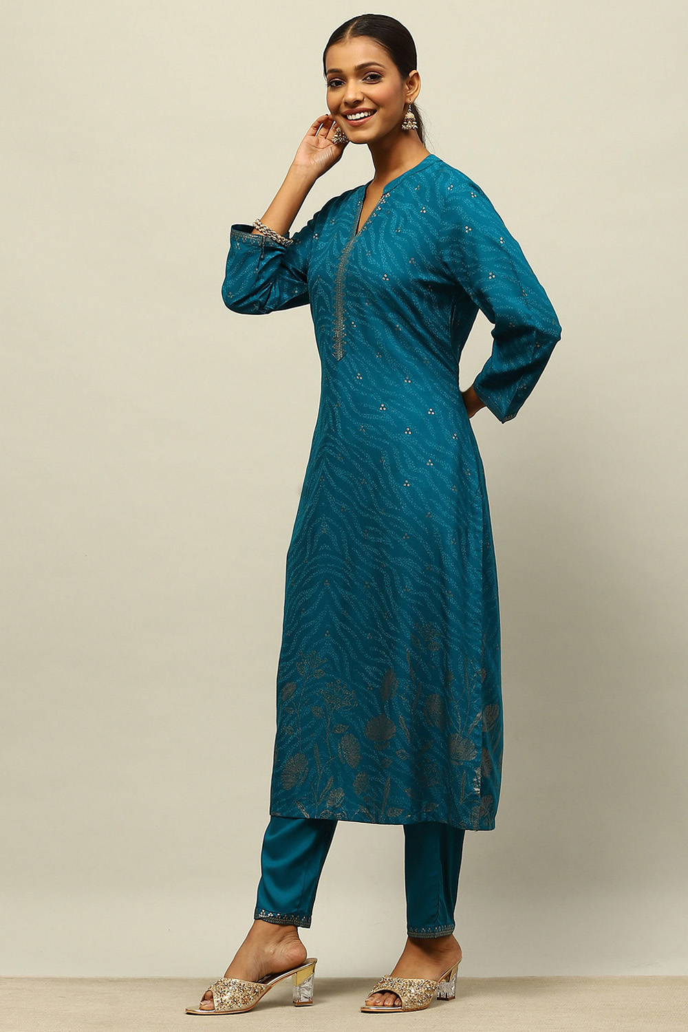 Teal Blue Rayon Straight Printed Kurta Salwar Pants Suit Set image number 3