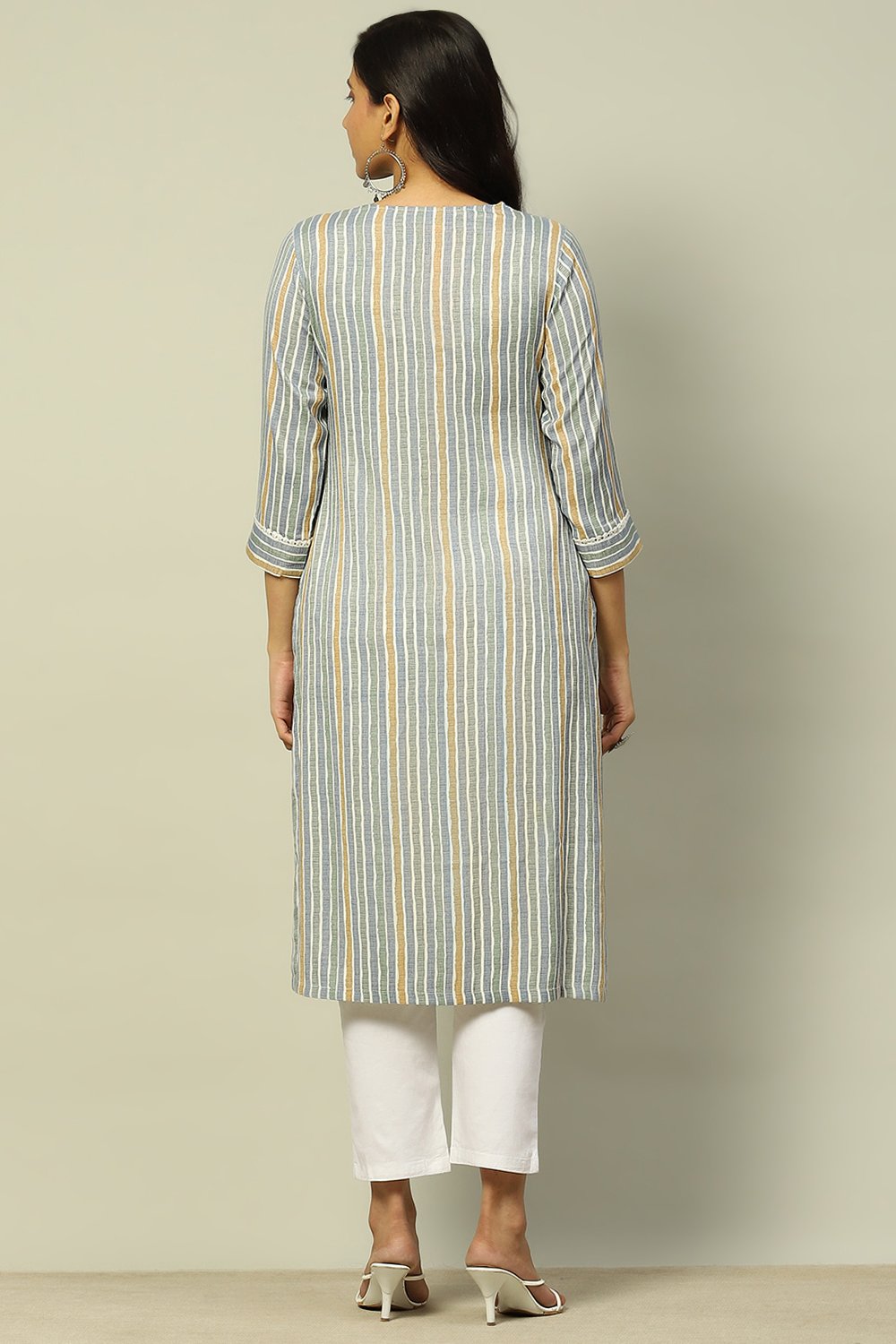 Grey Viscose Blend Striped Straight Kurta image number 3