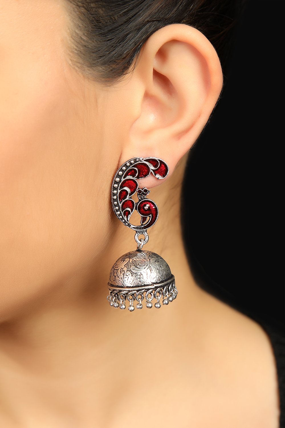 Peacock With Red Enamel Jhumkis image number 0