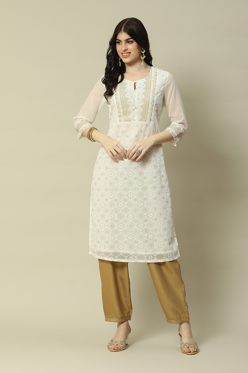 Off-white Poly Georgette Embroidered Straight Kurta image number 5