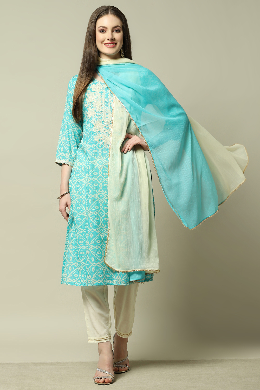 Turquoise Cotton Blend Printed Kurta & Pants Suit Set image number 7