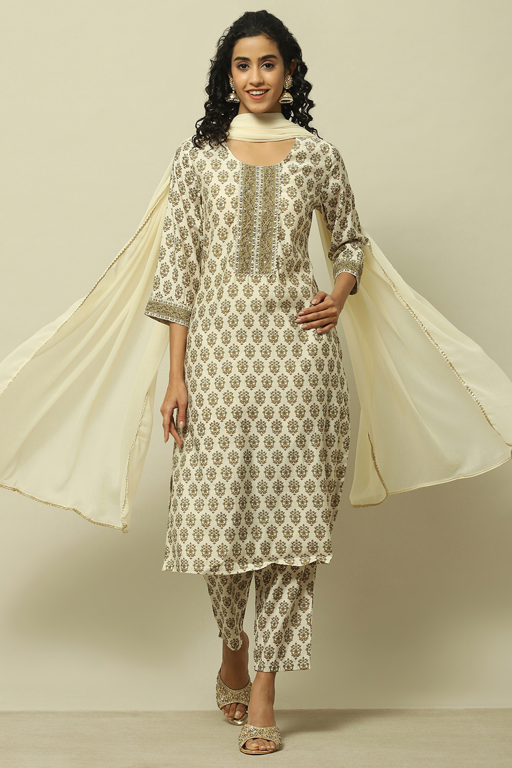 Ivory Printed Straight Kurta & Pants Suit Set image number 0