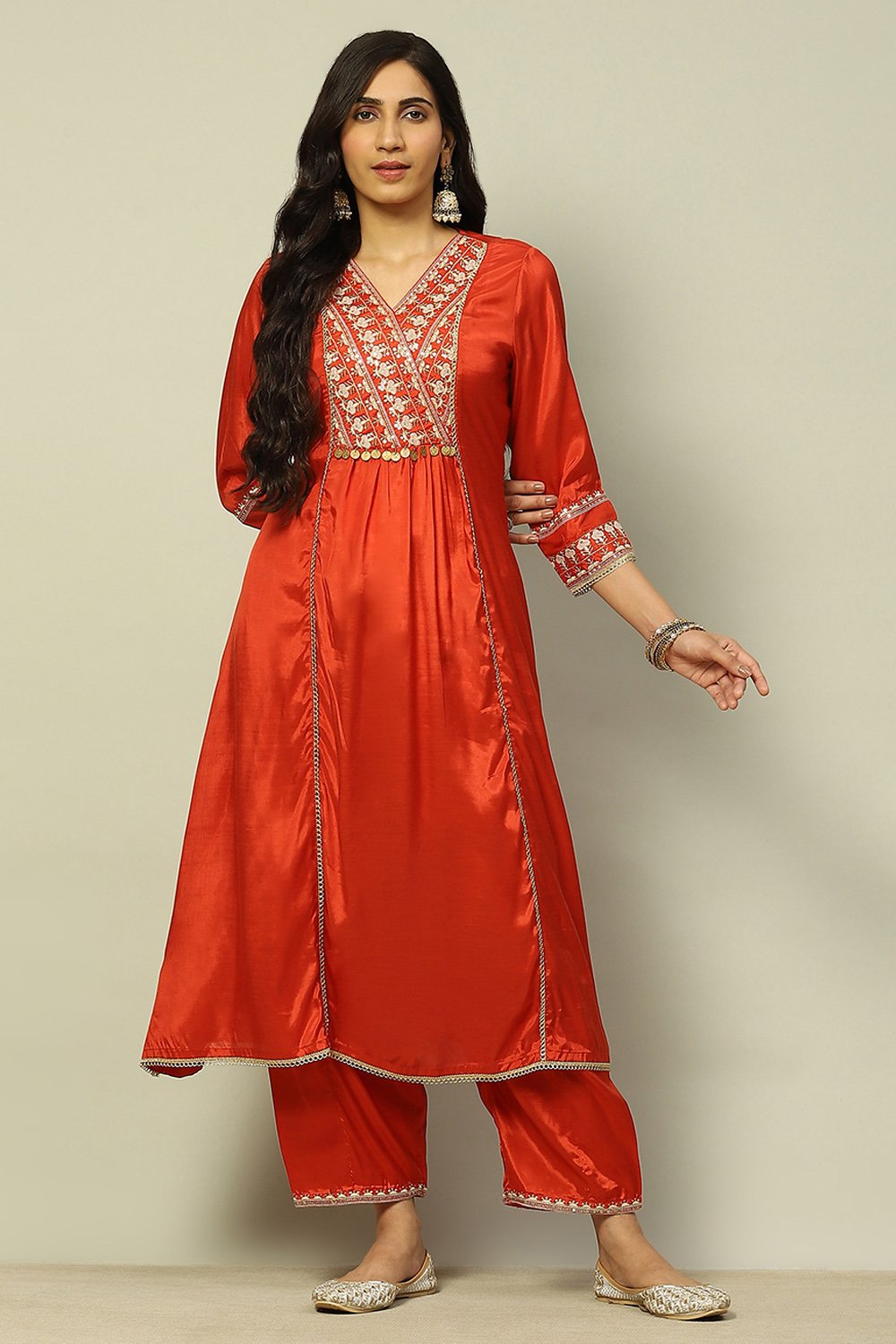 Rust Viscose Shantoon Embroidered A-line Kurta image number 0