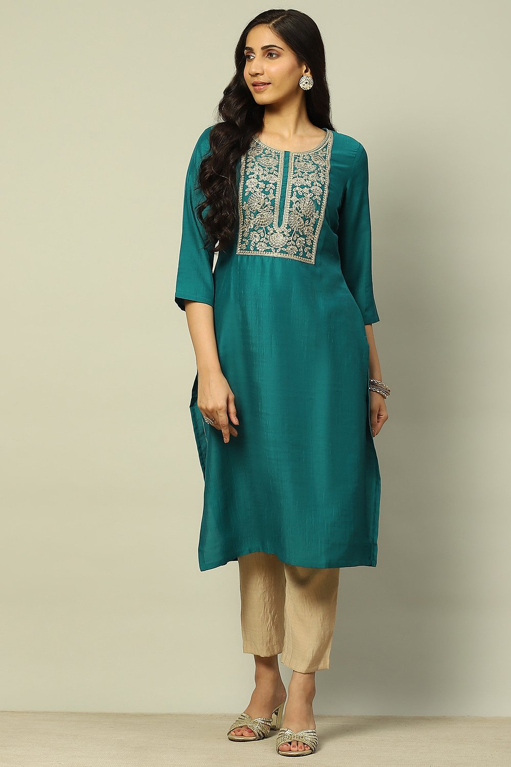 Green Viscose Blend Yoke Design Festive Straight Kurta image number 5