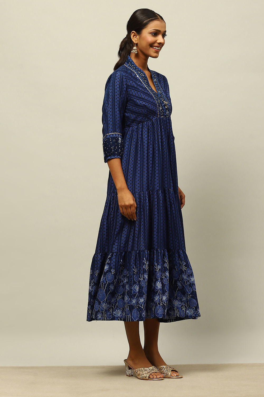 Blue Viscose Muslin Printed Tiered Dress image number 4