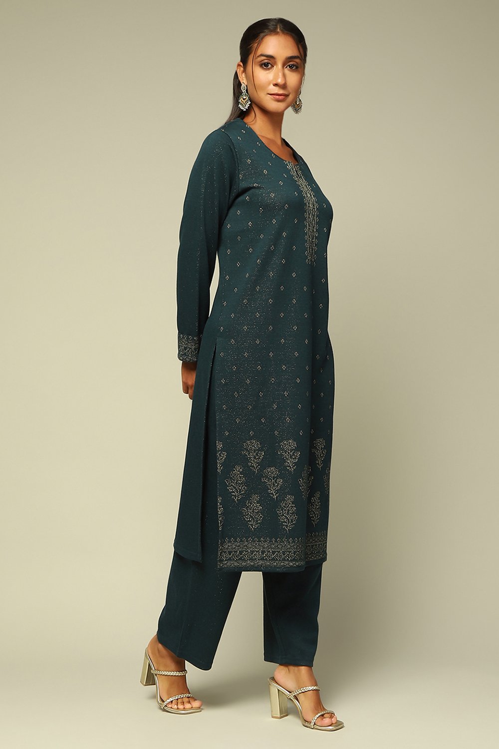 Teal Blue Circular Jacquard Straight Yarn Dyed Kurta Palazzo Suit Set image number 5