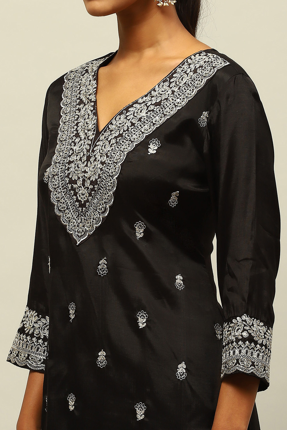 Black Viscose Shantoon Straight Embroidered Kurta Palazzo Suit Set image number 1