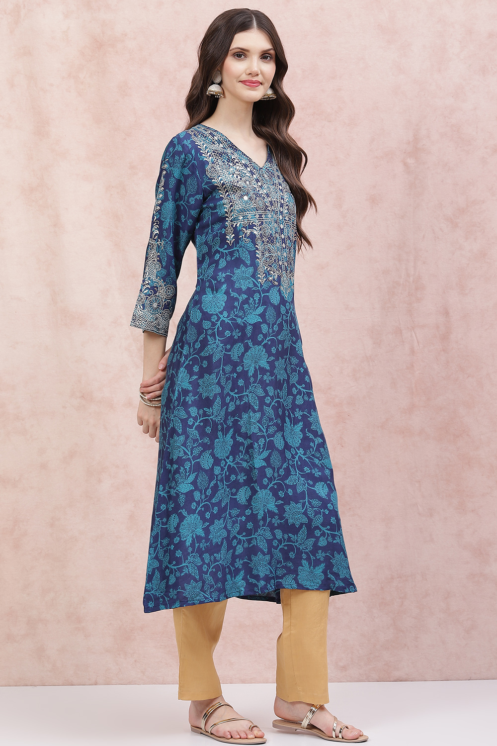 Blue LIVA A-Line Kurta image number 3