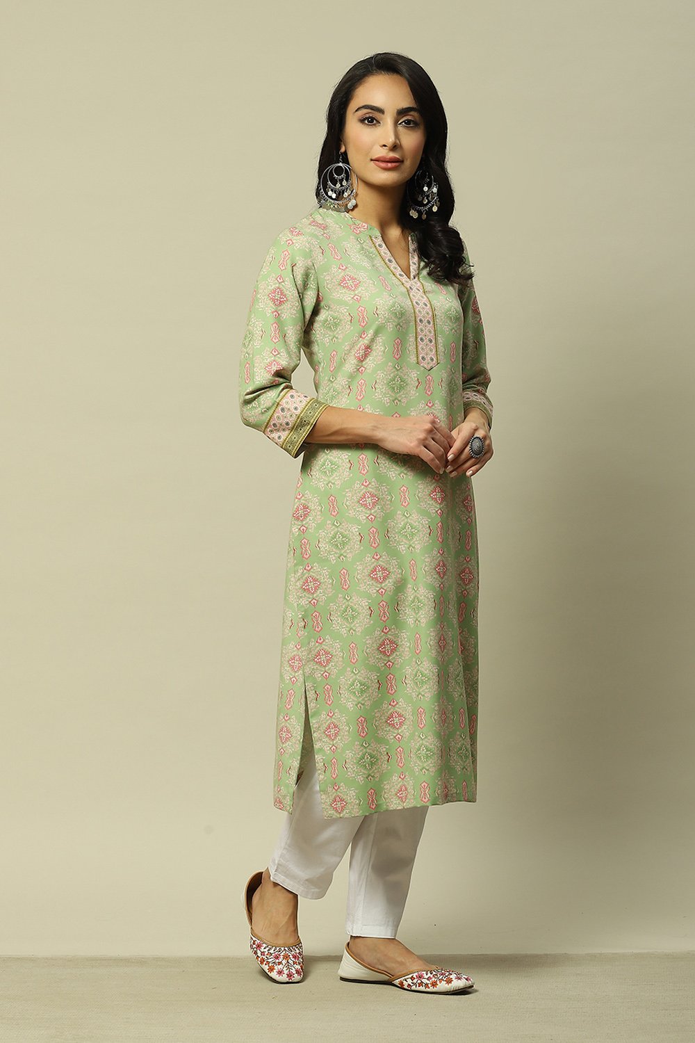 Green LIVA Straight Printed Kurta image number 4