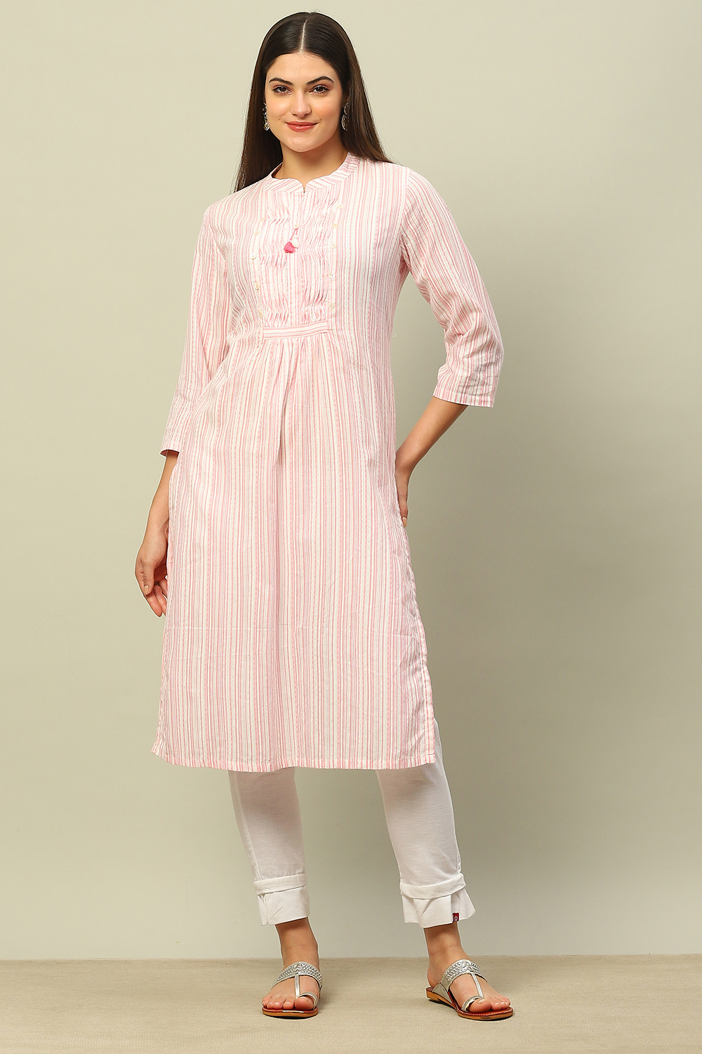 Pink Cotton Yarndyed Straight Kurta image number 6