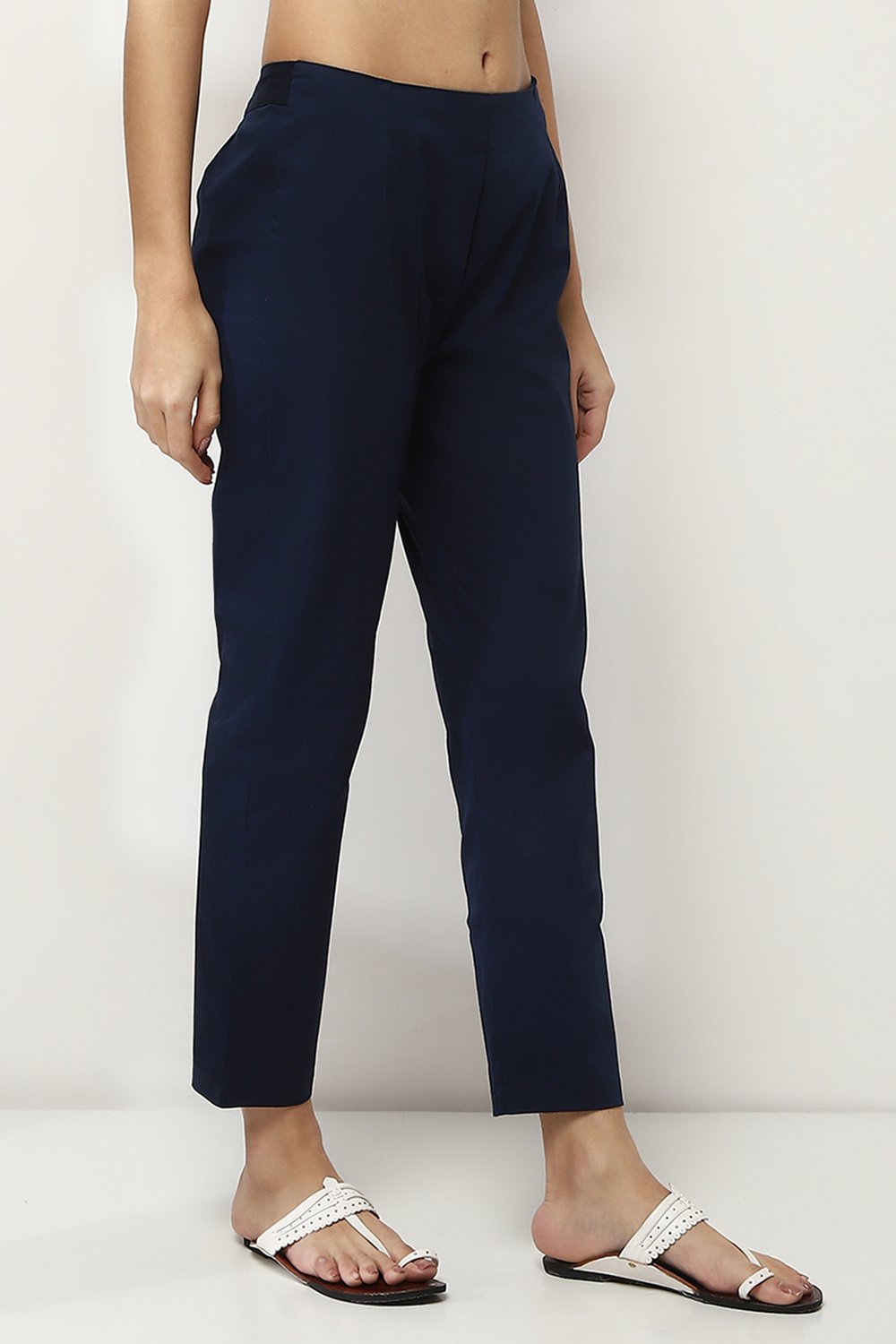 Navy Blue Cotton Solid Regular Pants image number 3