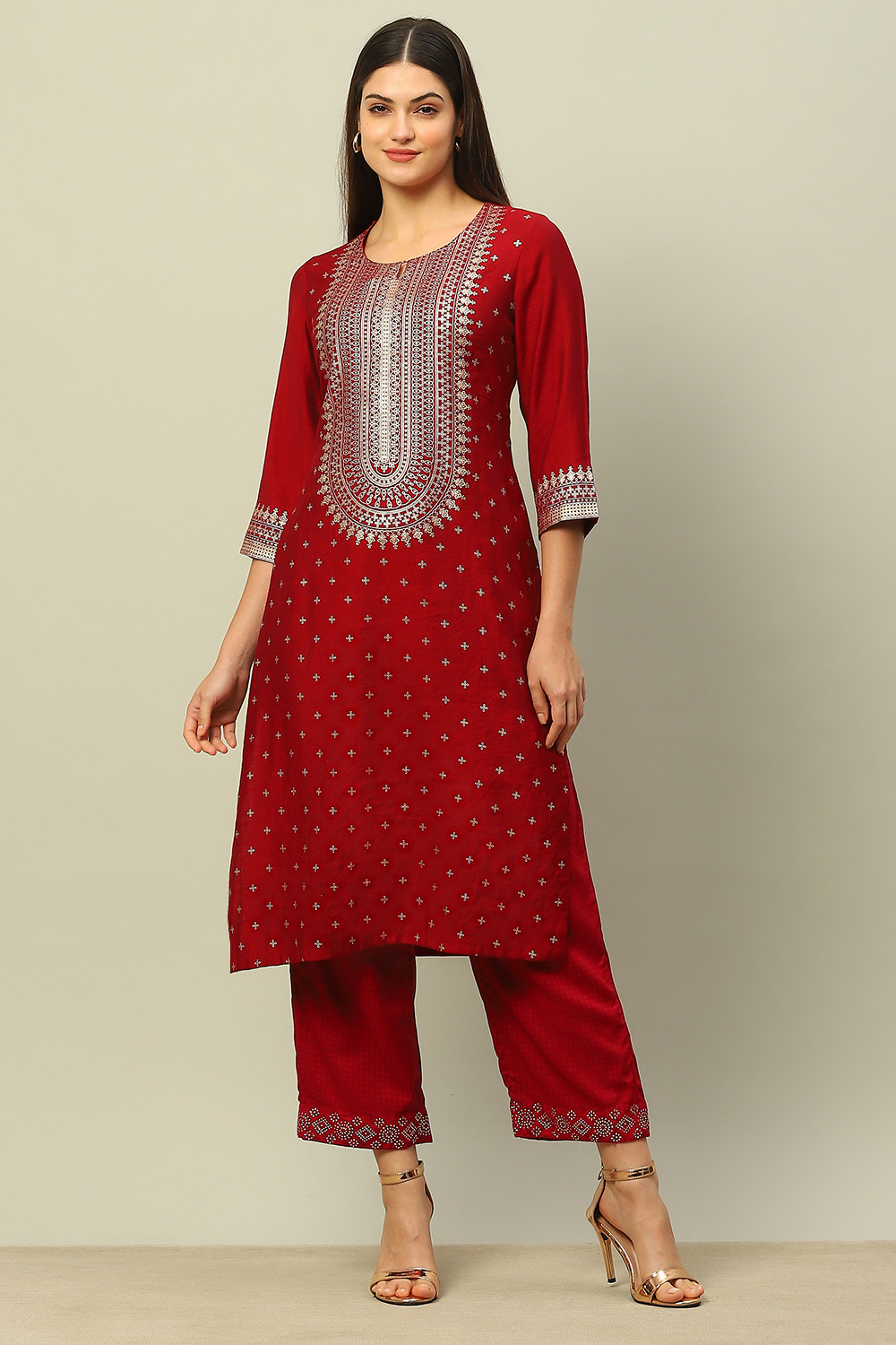 Red Rayon Slub Straight Palazzos image number 0