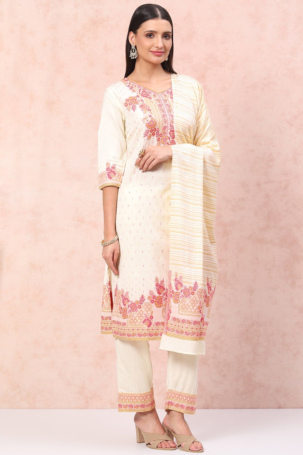 Cream Art Silk Straight Suit Set image number 7