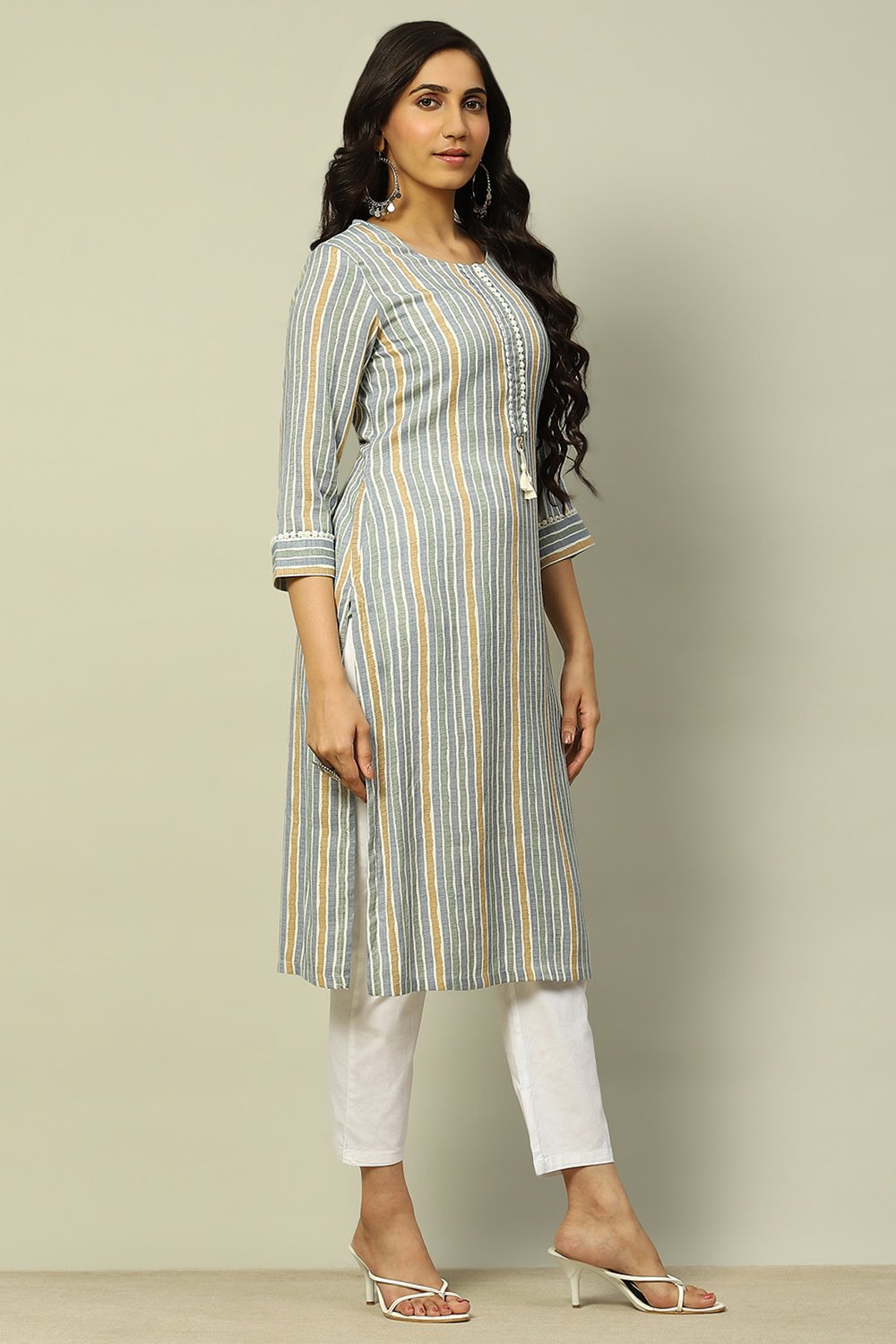 Grey Viscose Blend Striped Straight Kurta image number 4