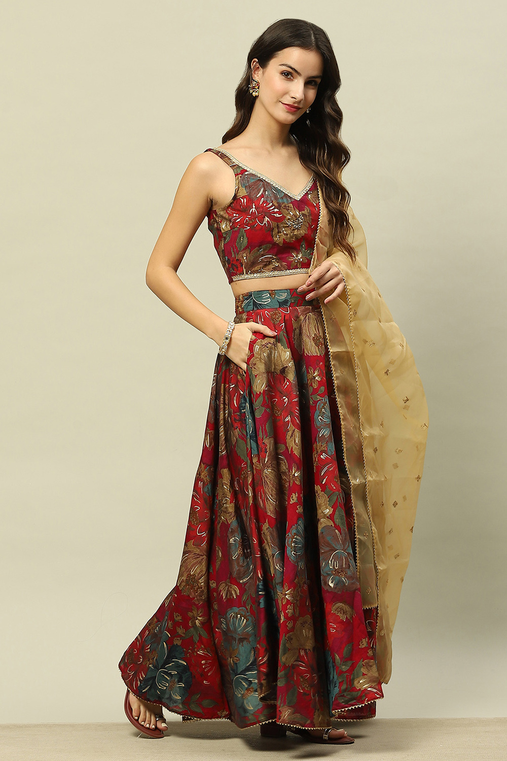 Pink Viscose Blend Straight Printed Crop Top Skirt Lehenga image number 5