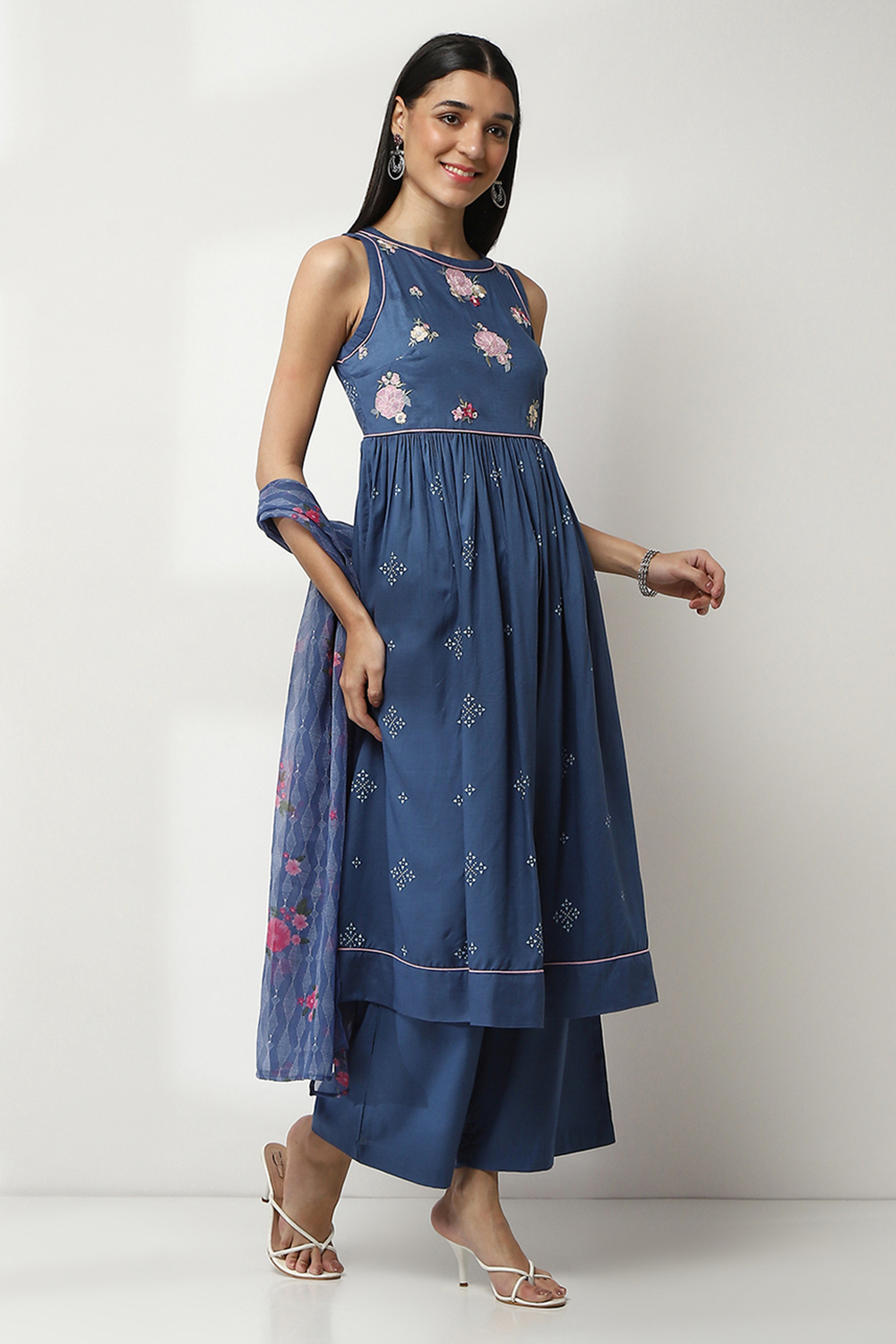 Indigo Blue Floral Anarkali Suit Set image number 5