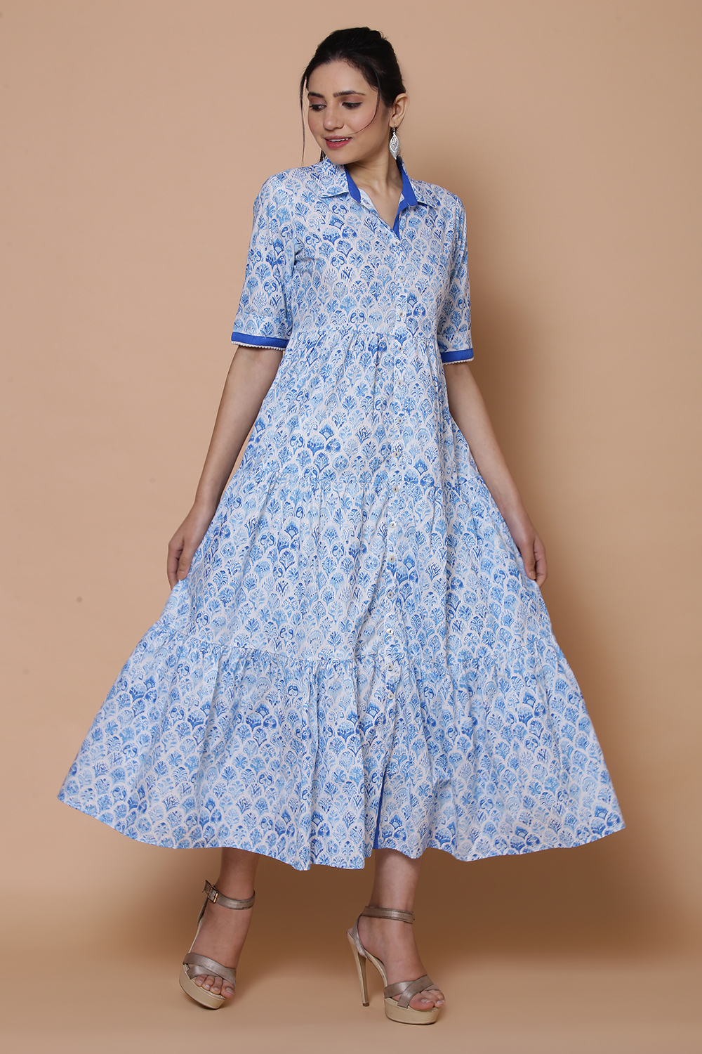 Blue Cotton Slub Tired Dress image number 4