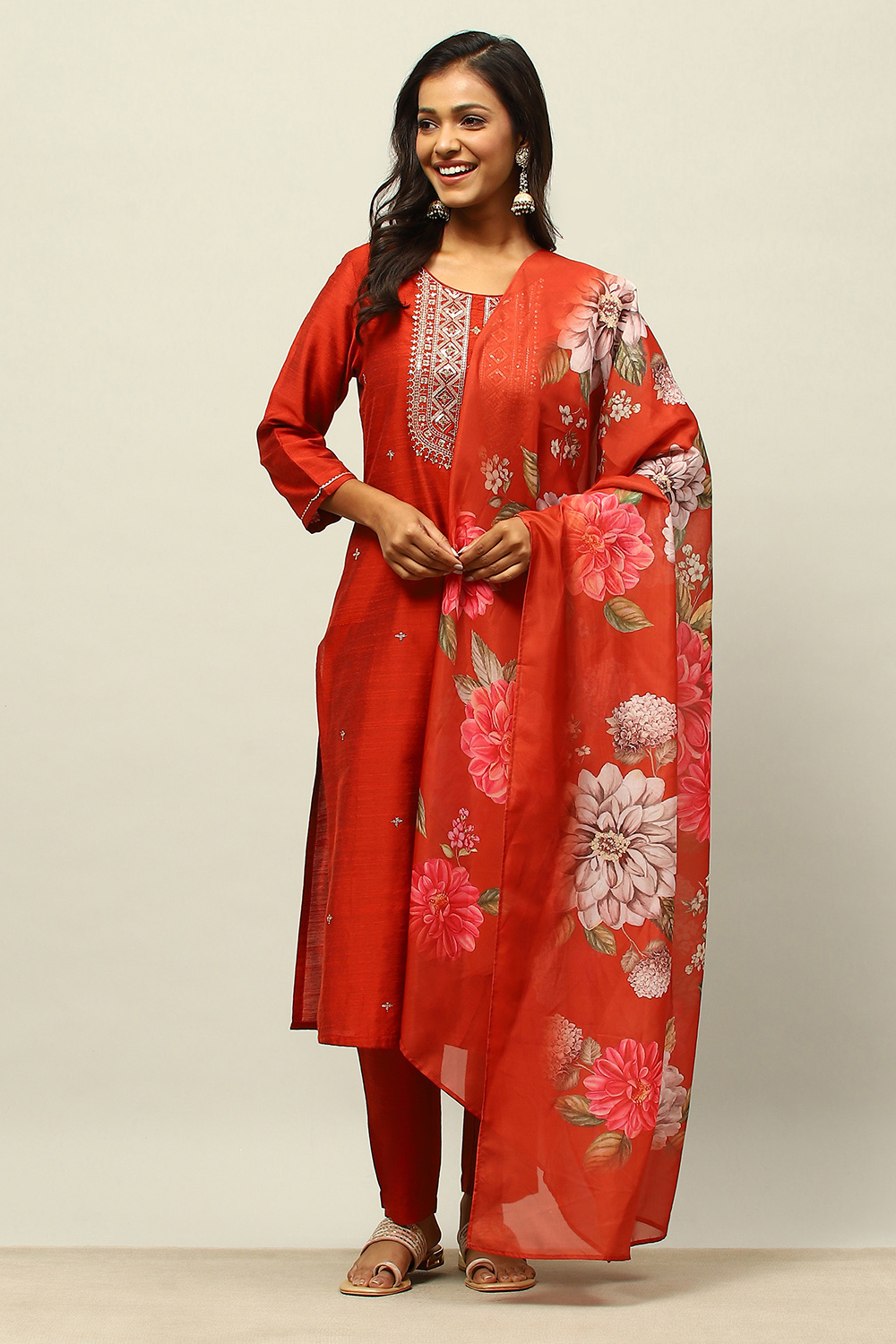 Rust-Red Viscose Blend Straight Solid Kurta Palazzo Suit Set image number 6