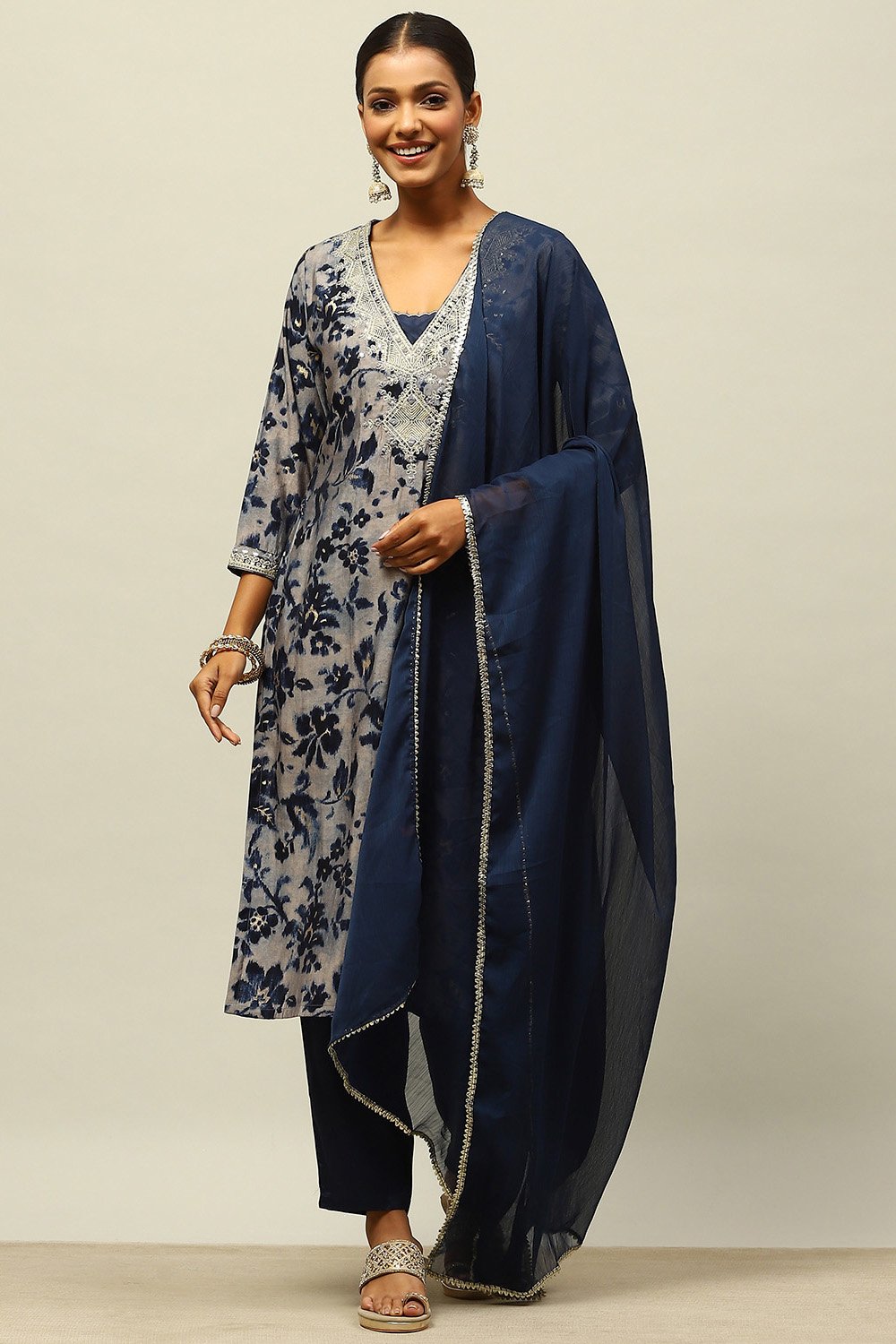 Blue Viscose Blend Straight Printed Kurta Palazzo Suit Set image number 0