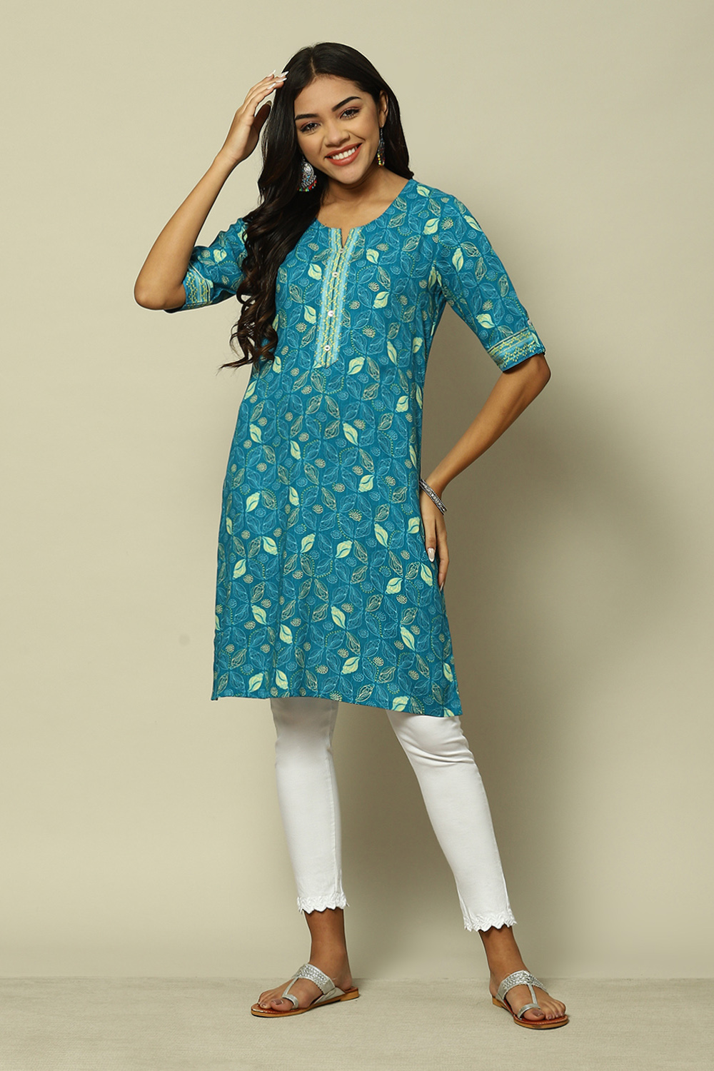 Teal Blue LIVA Straight Printed Kurta image number 0