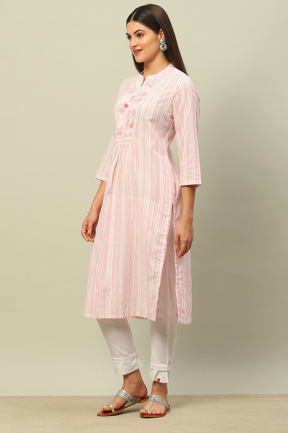 Pink Cotton Yarndyed Straight Kurta image number 2