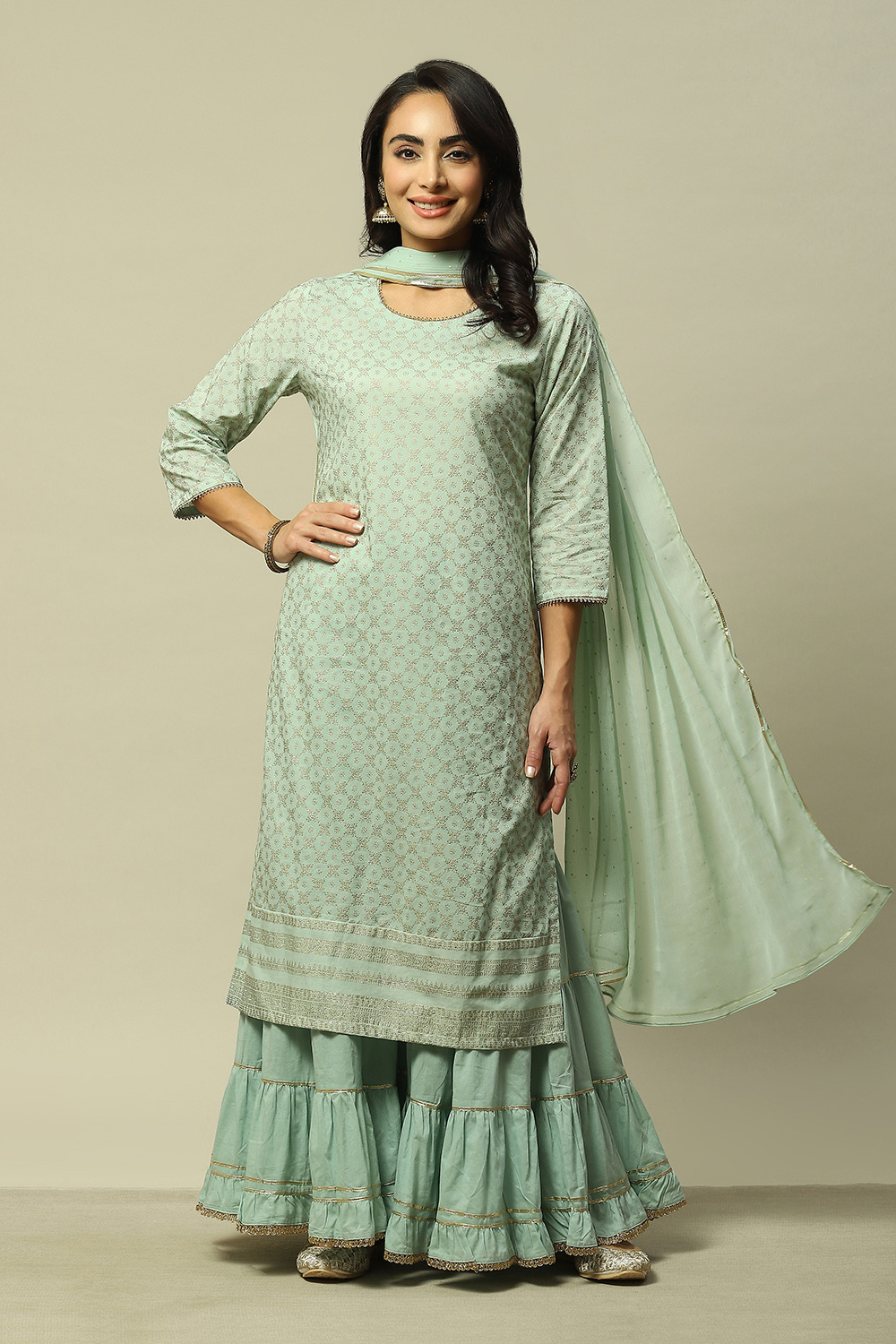 Buy Sage Green Cotton Straight Printed Kurta Sharara Suit Set 3N by Rangriti