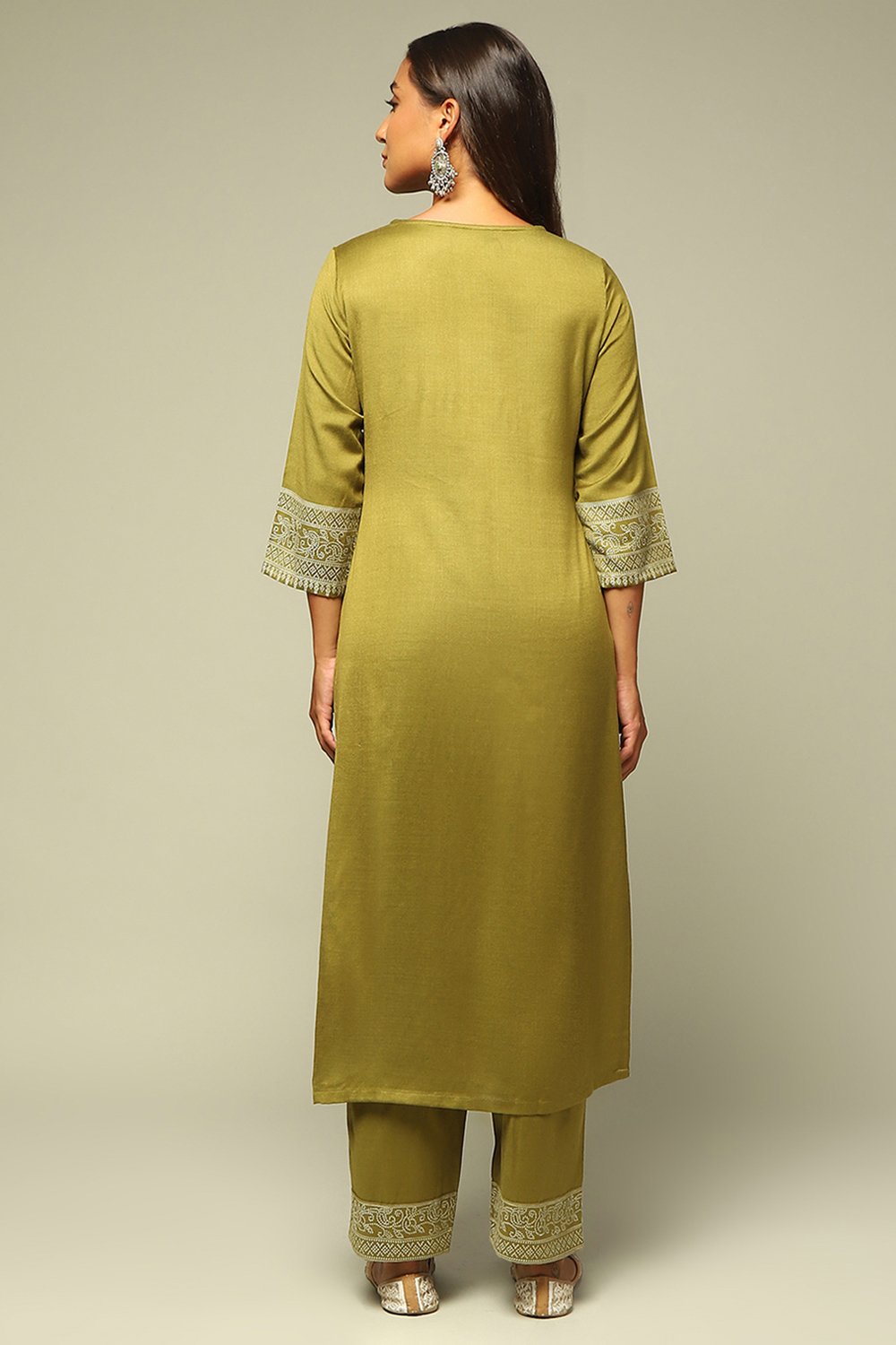 Lime Acrylic Straight Yarn Dyed Kurta Palazzo Suit Set image number 4