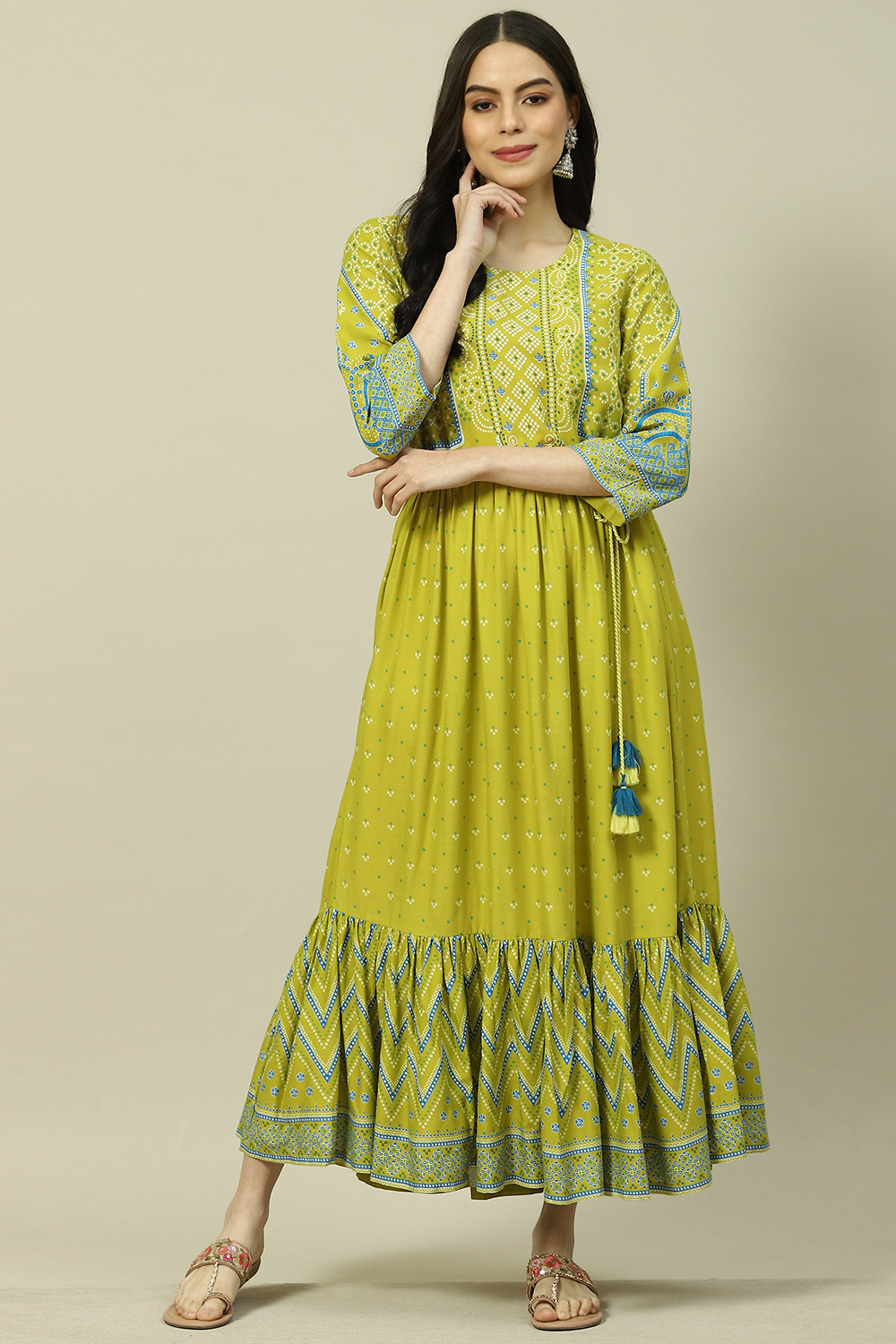 Buy Lime Green LIVA Tiered Dress 1N by Rangriti