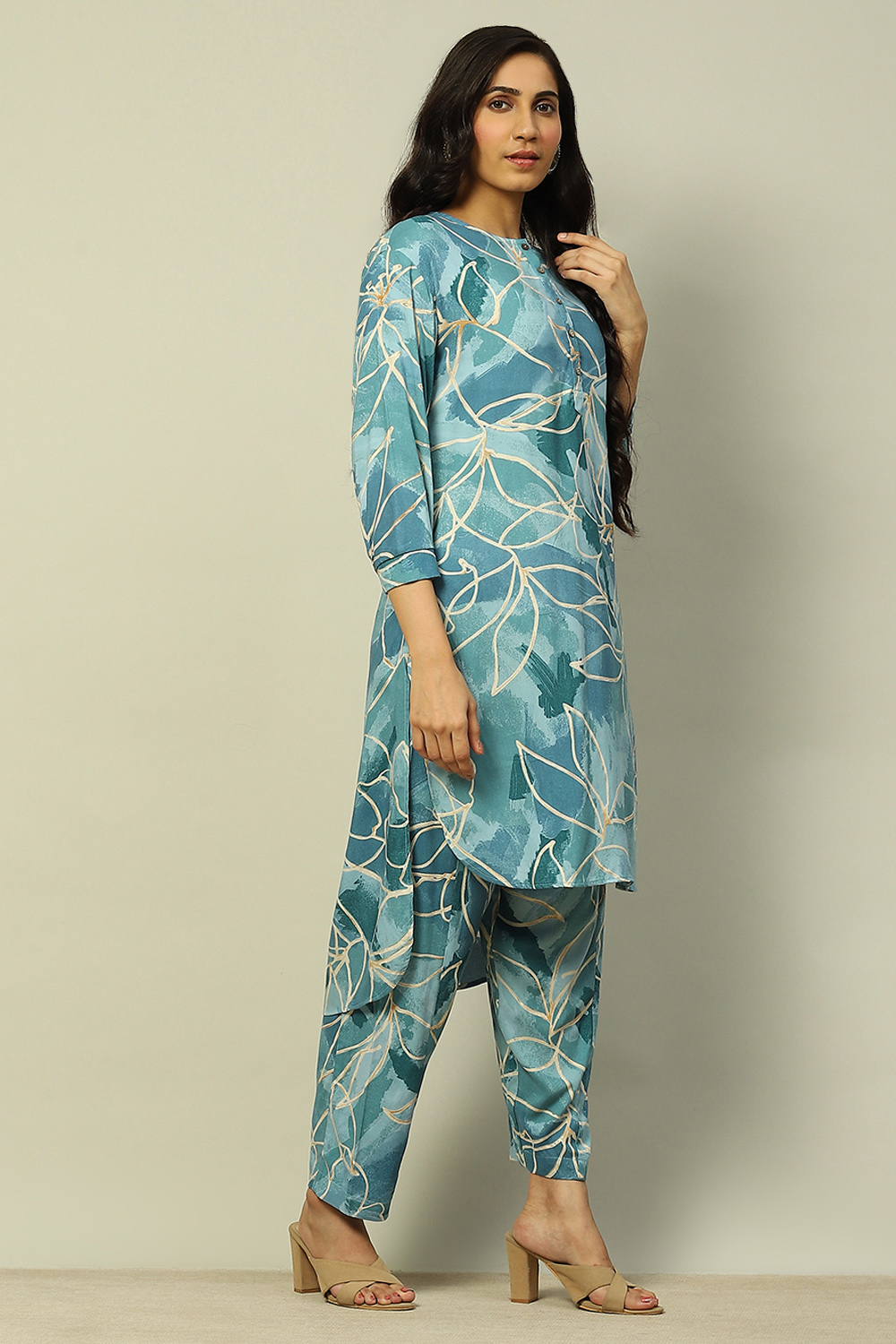 Aqua Blue Rayon Straight Printed Kurta Palazzo Suit Set image number 5