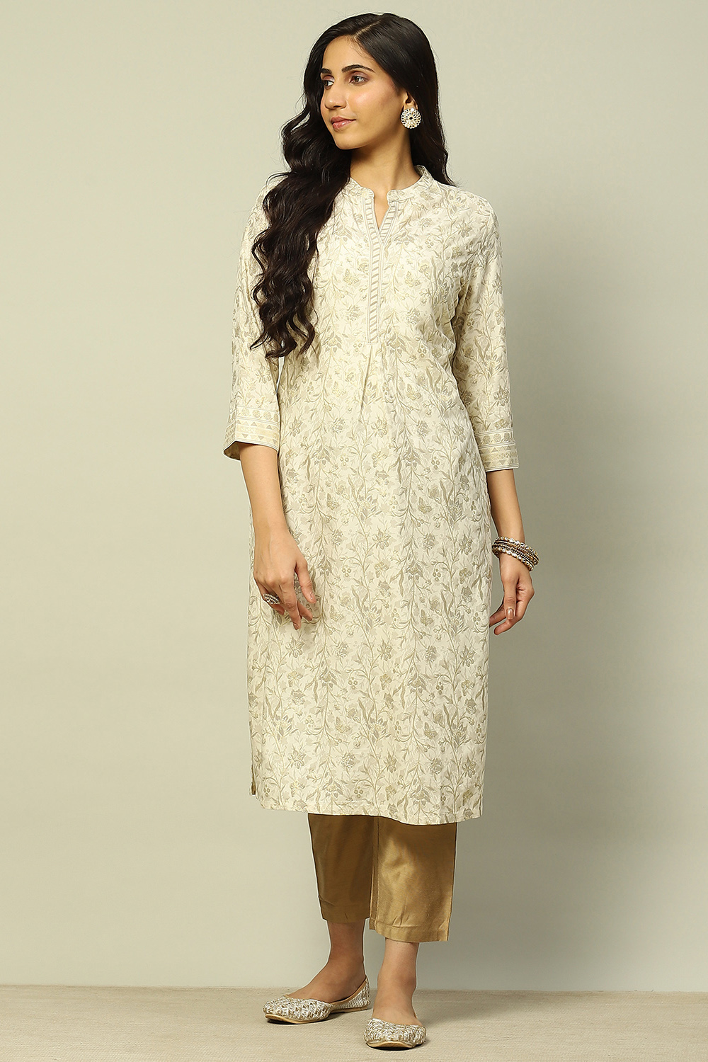 White Floral Printed Straight Kurta image number 5