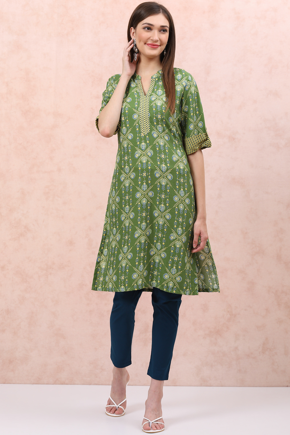 Lime Green LIVA Straight Kurta image number 2